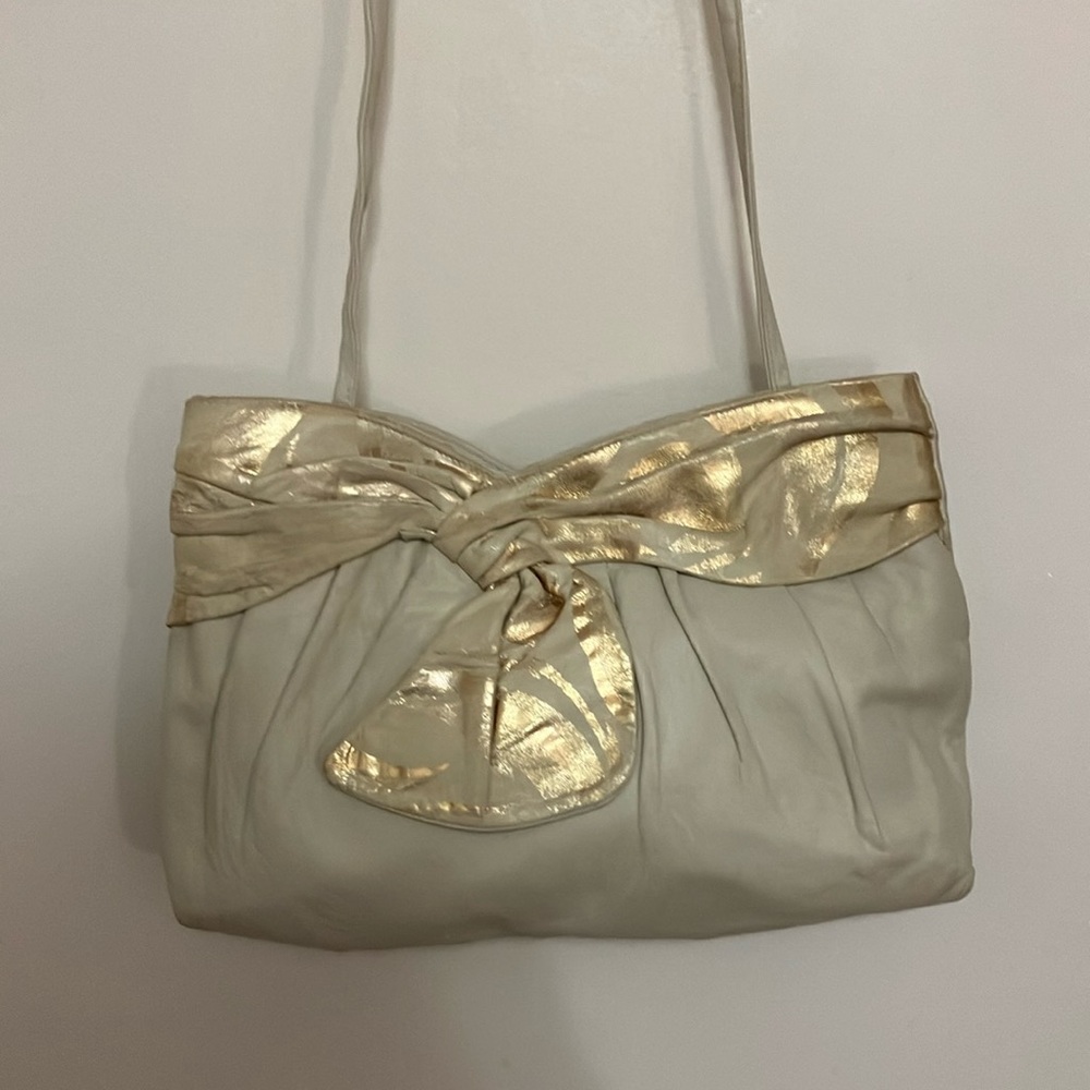 Vintage High Fashion Handbags Canada Leather Purse Cream Gold Bow 1980s